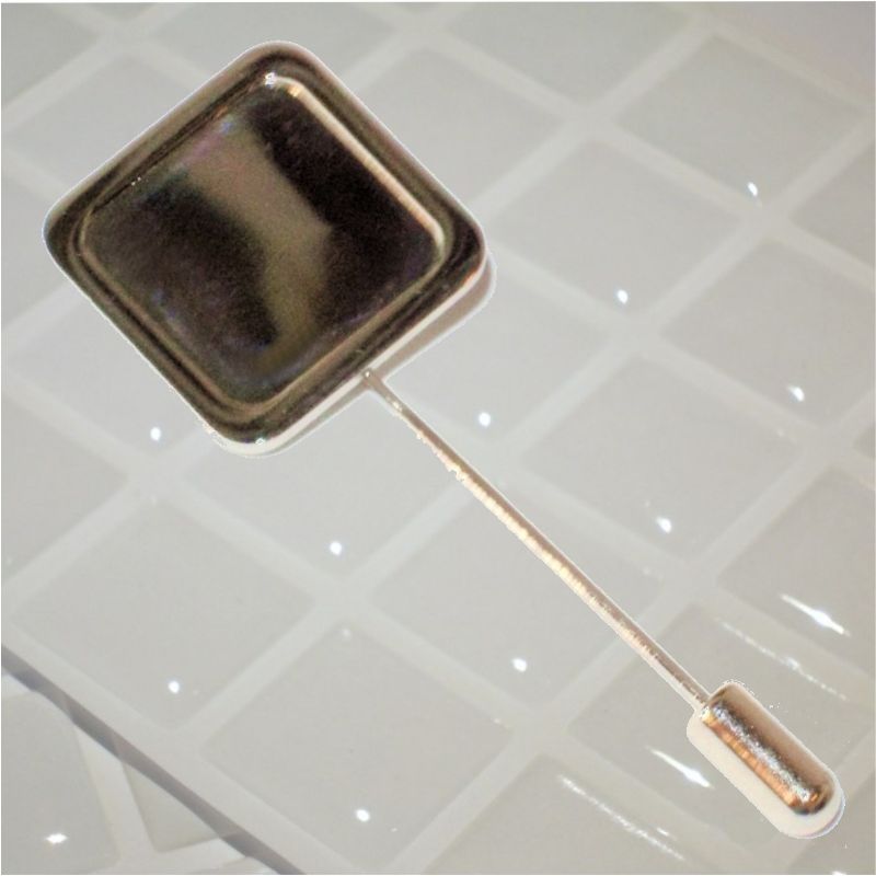 Stick Pin Blank 16mm Square Silver and clear dome